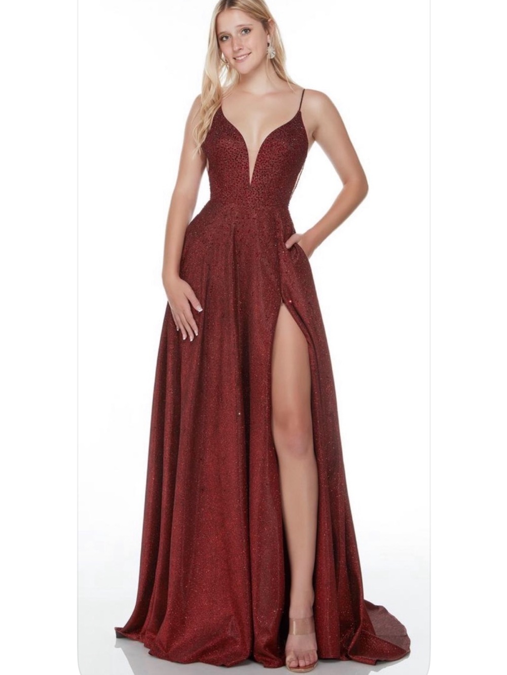 Alyce Paris 1728 Sparkling Burgundy Plunge Spaghetti-Strap Evening Gown